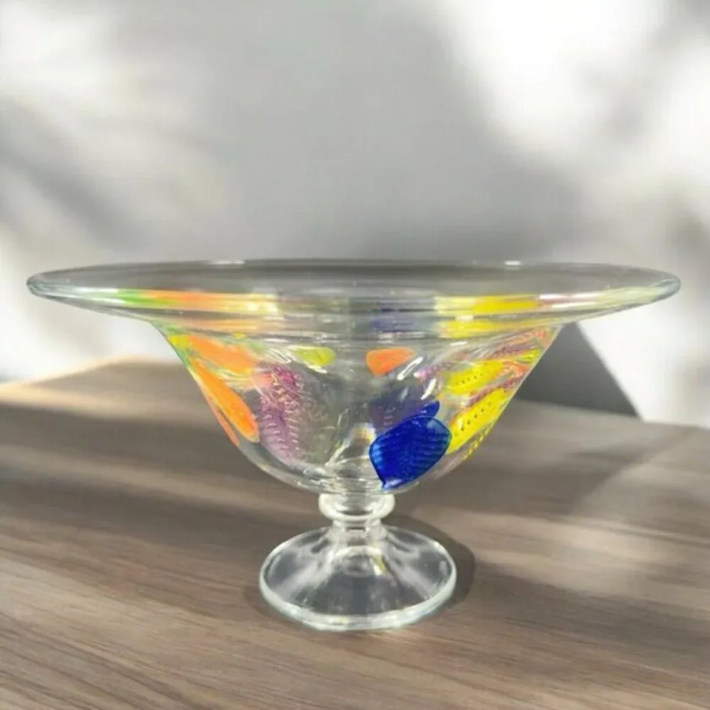 Dansk Burchetta Millefiori Leaf Design‎ Art Glass Crystal Pedestal Bowl Dish VTG